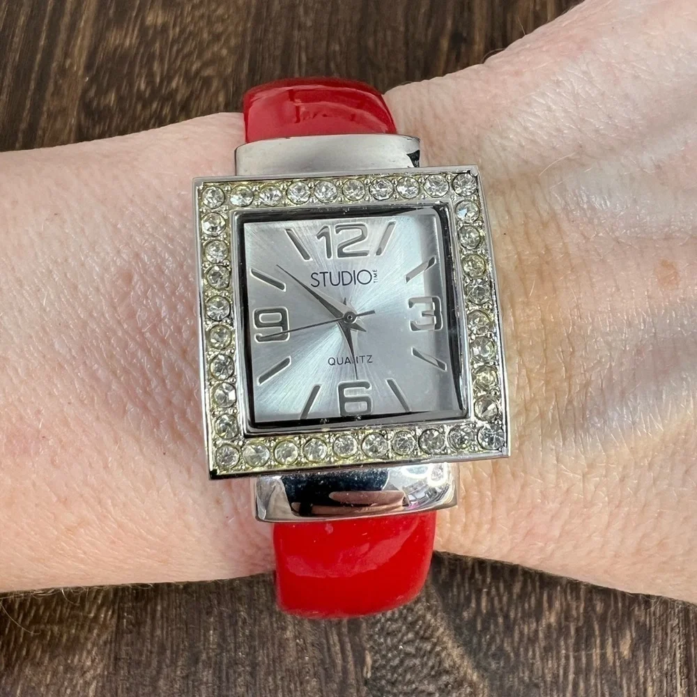 Studio Red Faux Leather & Silver Tone w/Rhinestones Cuff Watch W3